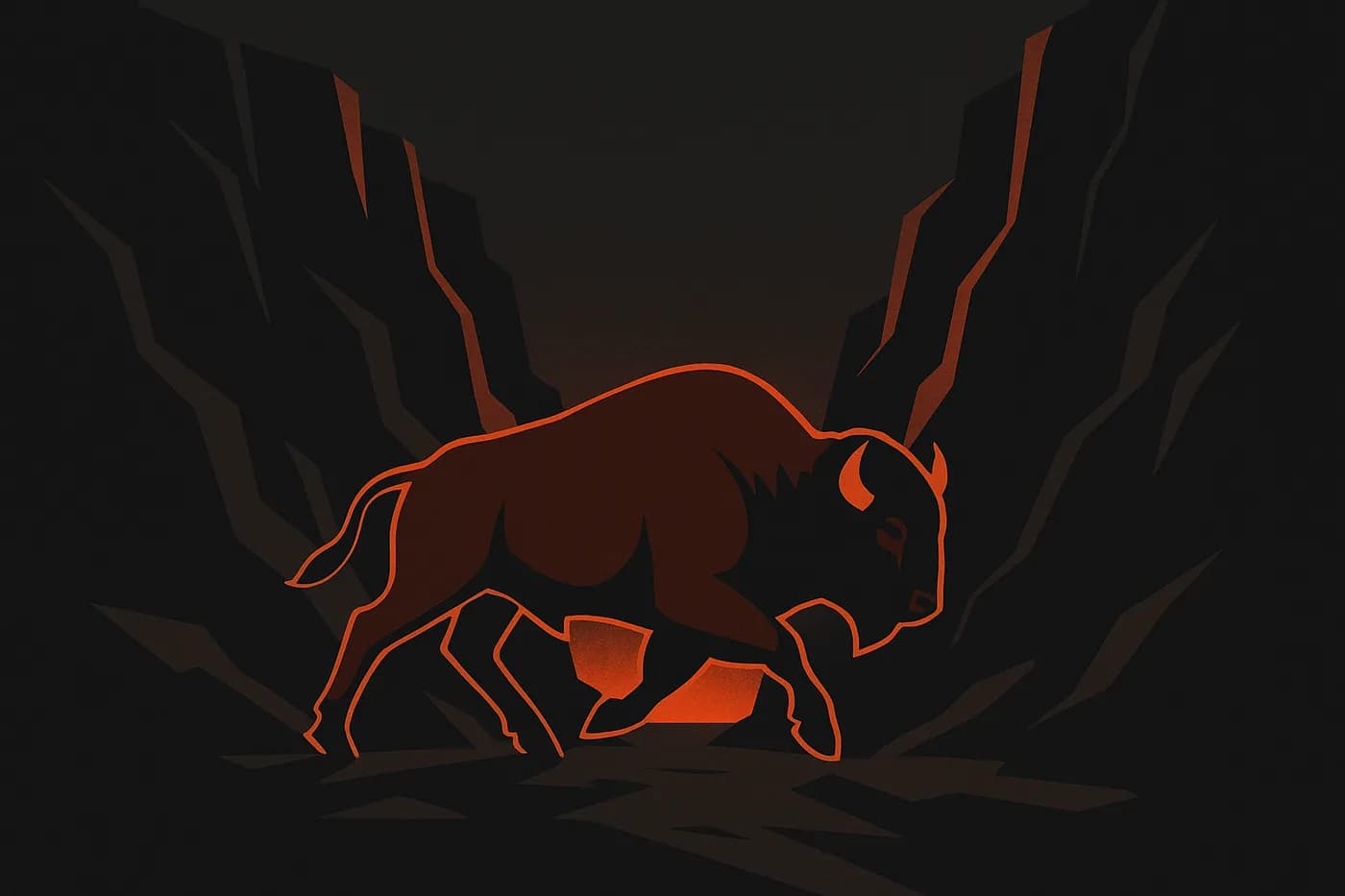 A rim-lit bison charging through a canyon corridor toward an ember horizon