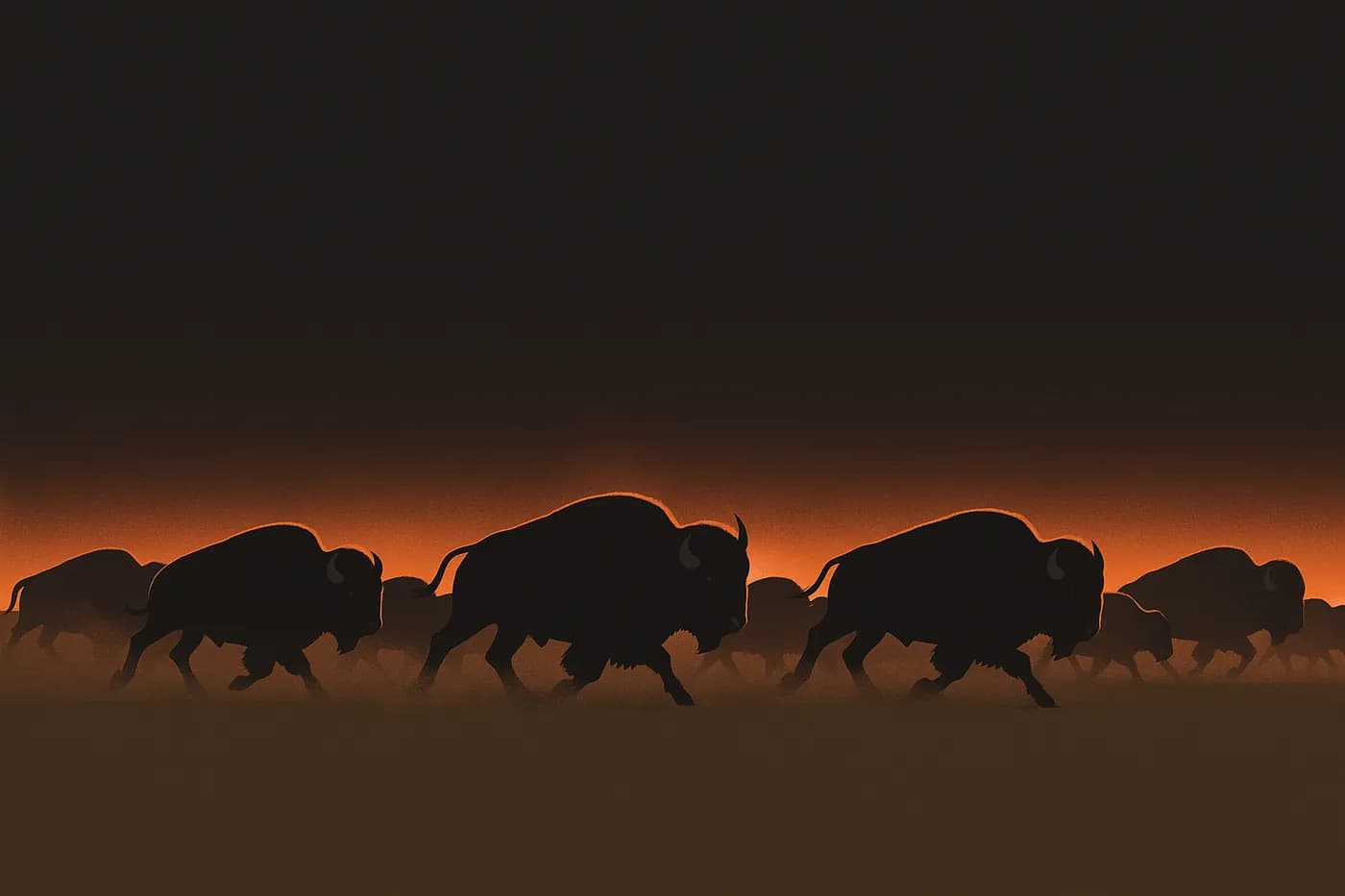 A bison herd charging across a dust plain under an ember horizon