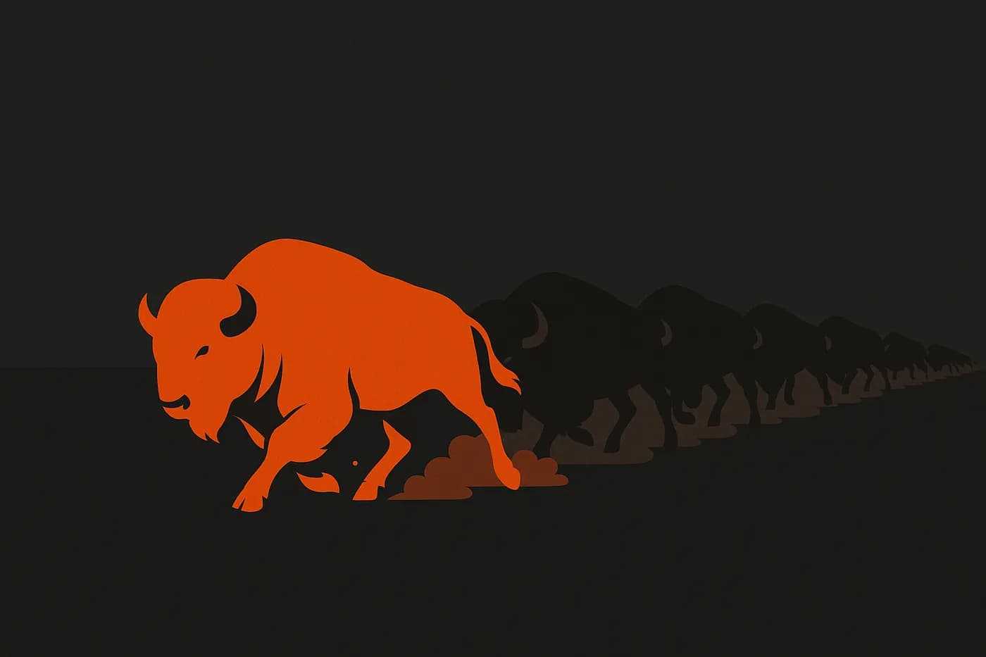 An ember-colored bison leading a long line of dark bison