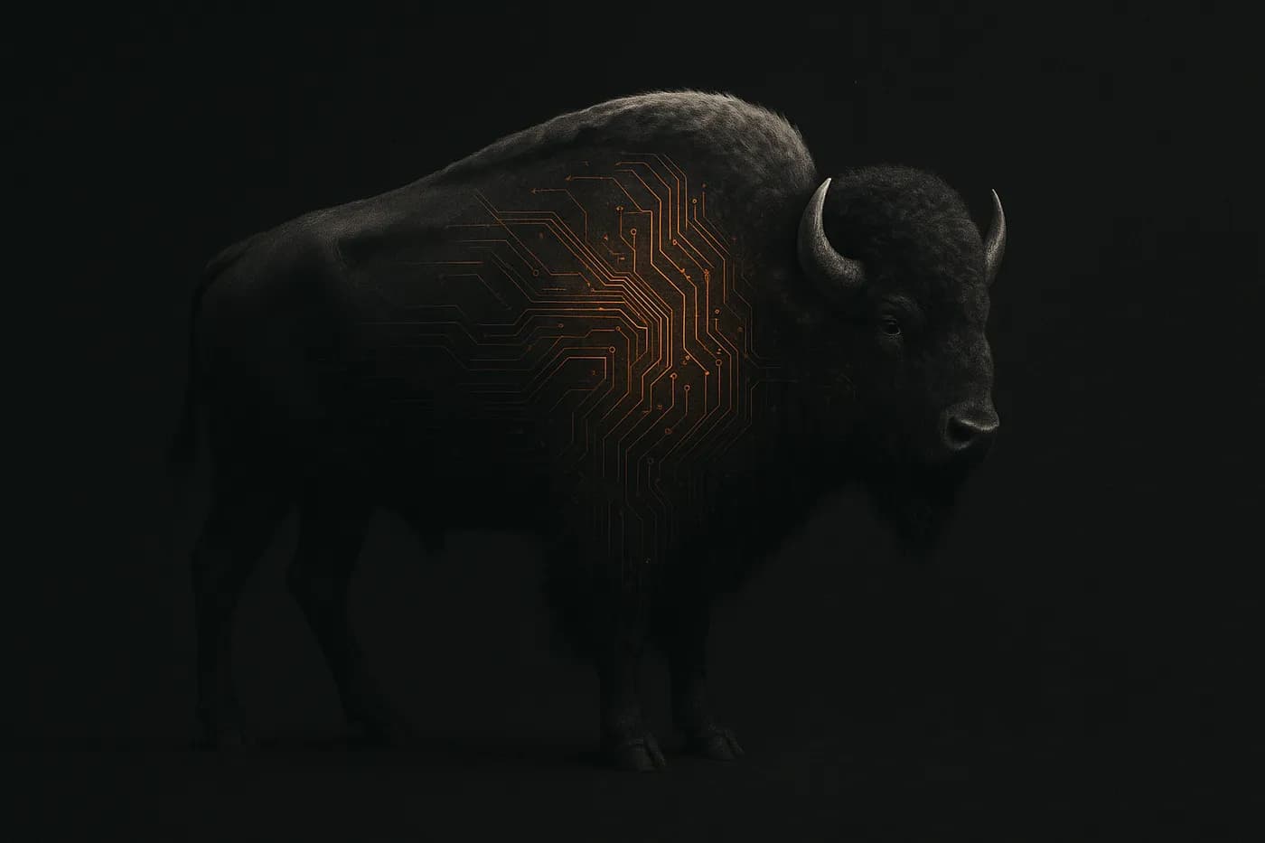 A charcoal bison with ember-lit circuitry tracing across its shoulder