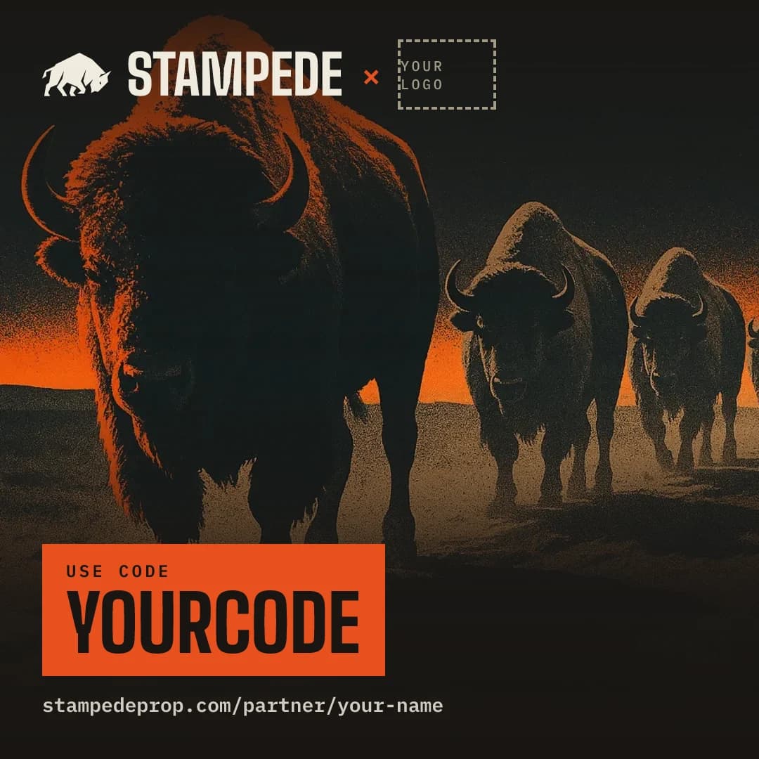 A sample starter kit square: STAMPEDE x YOUR NAME, a dashed box where your logo goes, and a code slab reading USE CODE YOURCODE.