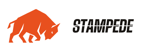 Stampede lockup with a charcoal wordmark, shown on bone