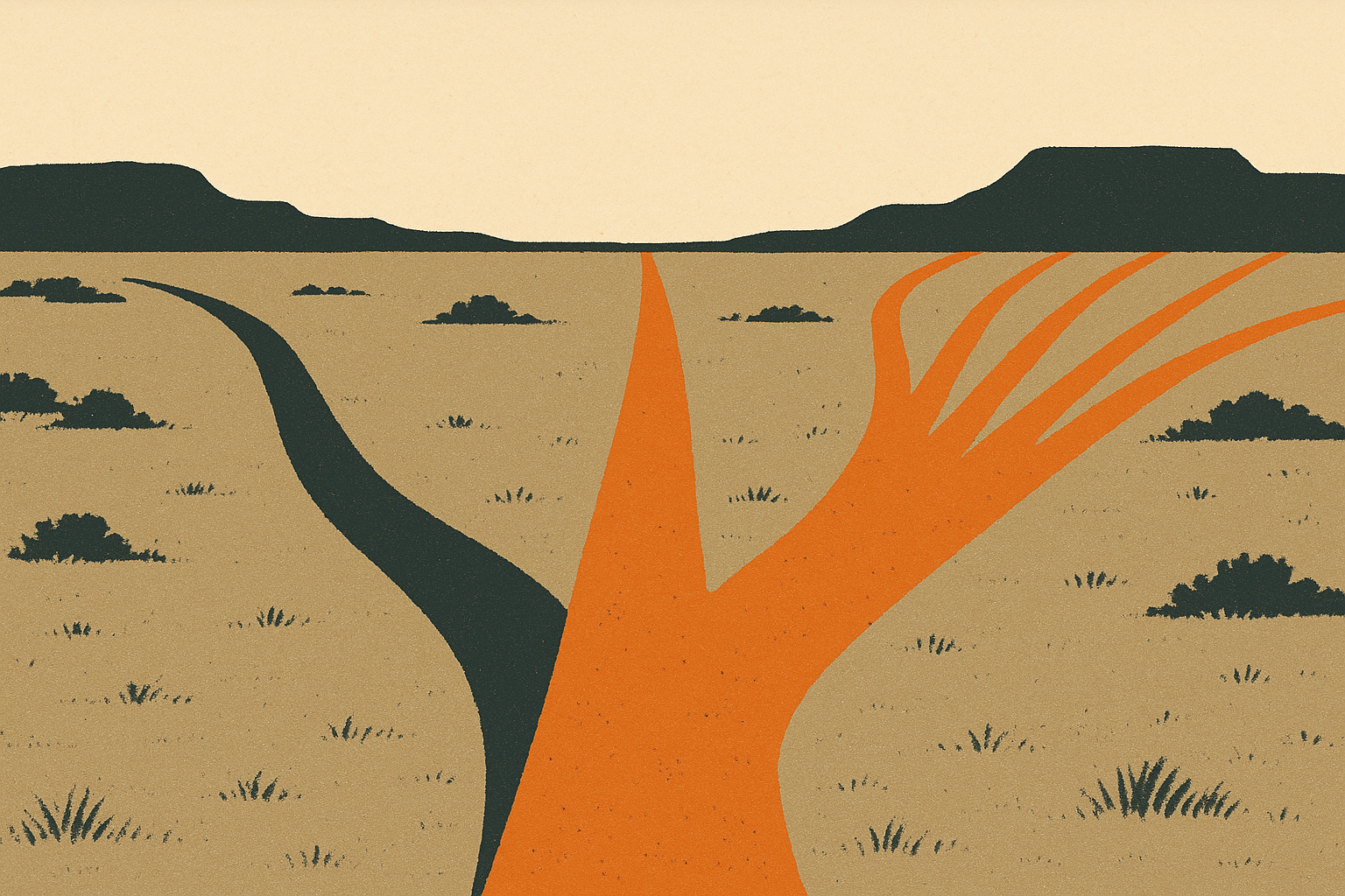 Screen-print illustration of a dirt trail forking across an open prairie into one narrow lane on the left and a fan of open trails on the right, representing many markets to trade versus a single futures lane.