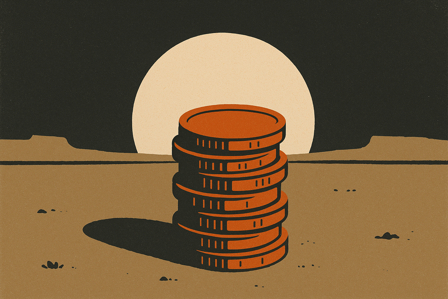 Screen-print illustration of a neat stack of ember-orange coins on open ground with a large rising sun on the horizon, representing fast same-day payouts at dawn.