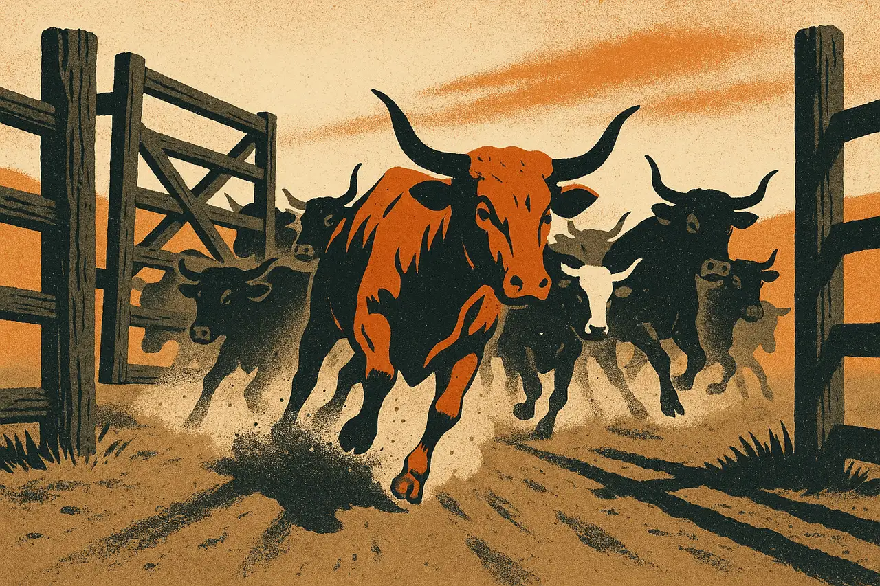 Screen-print poster illustration of a herd of longhorn cattle charging out of an open corral chute toward the viewer, kicking up dust with strong motion lines, symbolizing payouts moving fast like a broker in minutes.