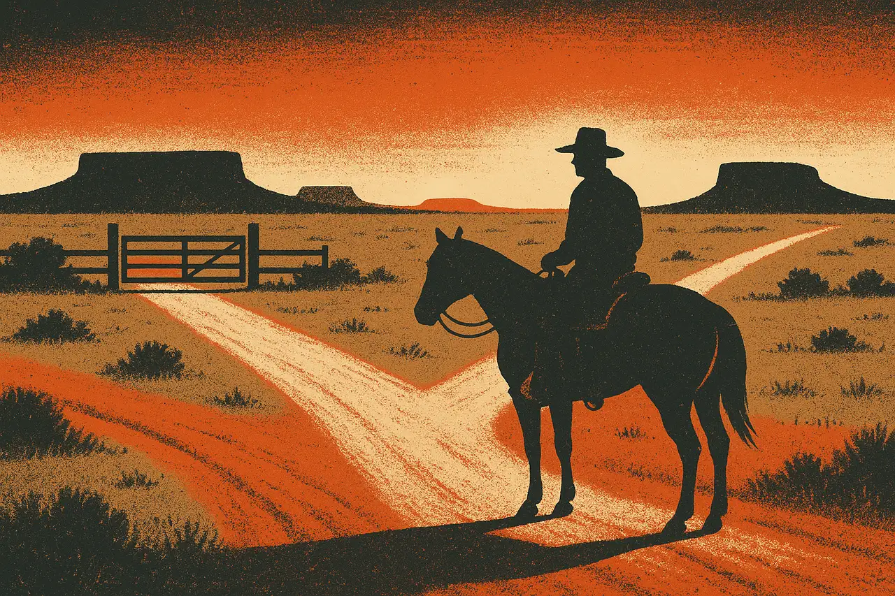 Screen-print poster illustration of a lone cowboy on horseback paused at a forked dirt trail on a Texas plain at dusk, one path leading to a closed ranch gate and the other opening toward distant pasture, evoking a US trader choosing between a prop firm that stopped accepting them and an open alternative.