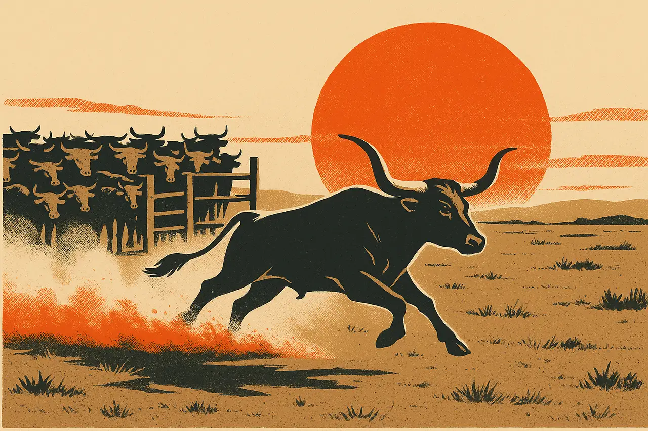 Screen-print western illustration of a single longhorn steer breaking away from a penned herd and charging across open plains toward an ember-orange sunrise, symbolizing US traders leaving a confined prop firm for open range.