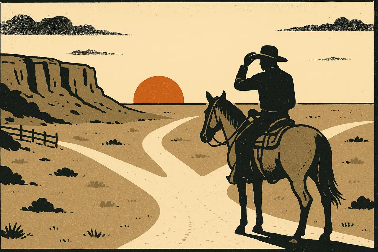 Screen-print western illustration of a lone cowboy on horseback at a forked dirt trail, one path narrowing into a fenced canyon and the other opening wide toward an ember-orange sunrise, evoking a choice between two prop firms.