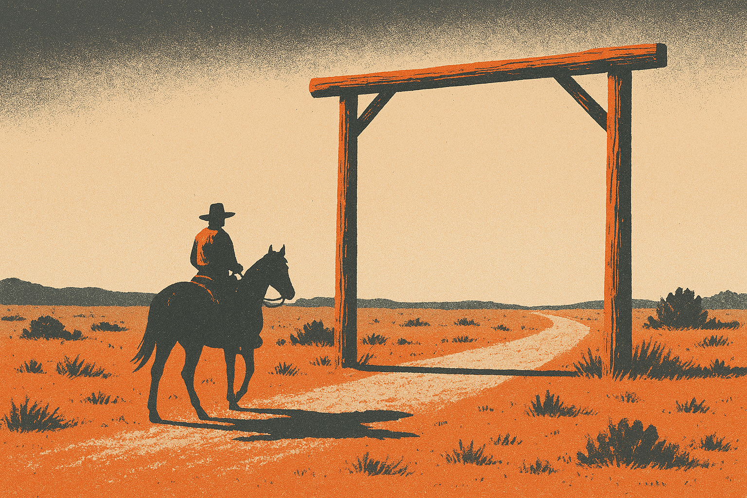 Screen-print illustration of a lone cowboy on horseback approaching a tall standalone wooden ranch gate on an open windswept plain, the gate framing the trail ahead like a threshold to pass through, in burnt-ember orange, deep charcoal, warm bone and dust-tan inks.