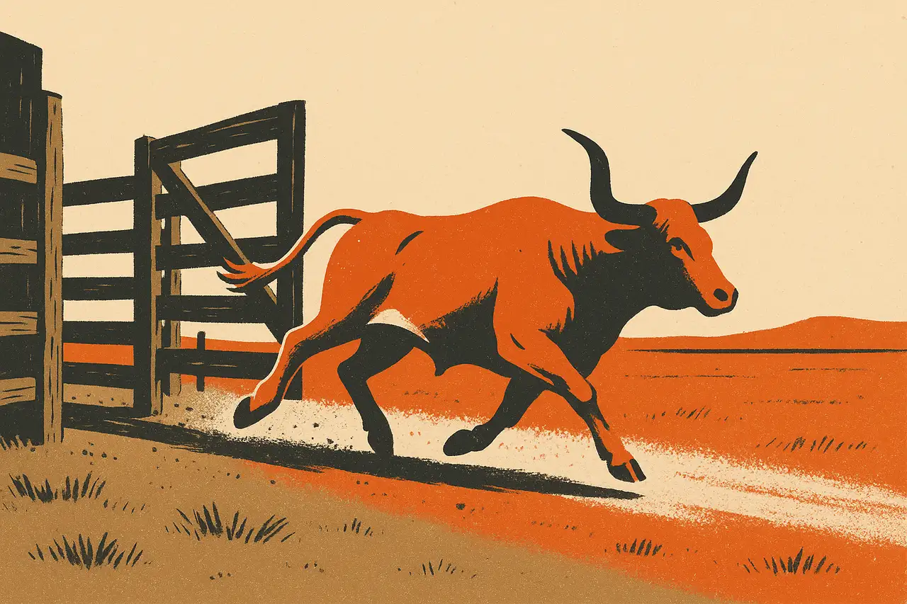 Screen-print illustration of a lone longhorn bull breaking away from a fenced corral through an open gate toward open range, symbolizing the firm backing its best traders with real capital.