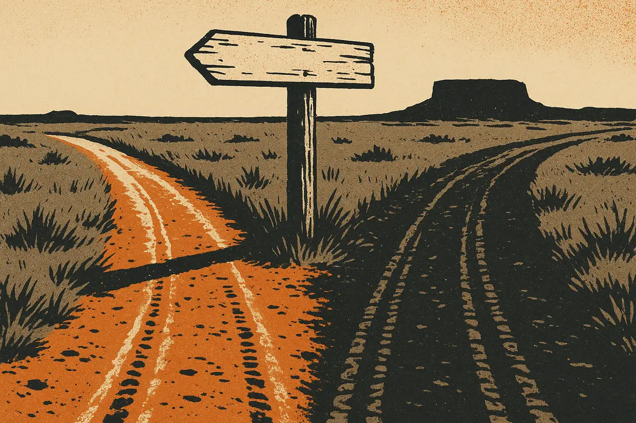 Screen-print illustration of a dusty western trail splitting into two diverging paths at a weathered wooden signpost, framing the head-to-head comparison between two prop firms.