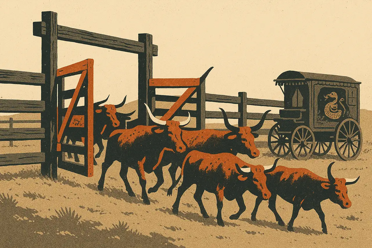 Screen-print western illustration of a longhorn herd moving freely through an open corral gate while a dusty, ignored snake-oil peddler wagon sits off to the side, representing an honest EA-friendly prop firm versus a sketchy trading-robot vendor.