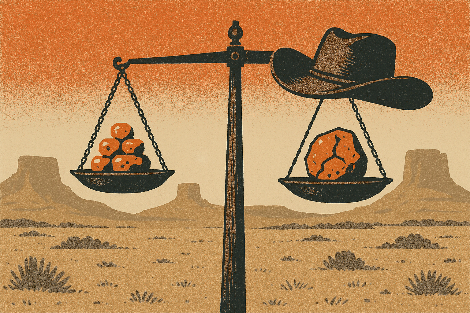Screen-print illustration of an old western balance scale on the range weighing real gold nuggets against a single hollow, cracked fake nugget, a cowboy hat resting on one pan, mesas in the distance