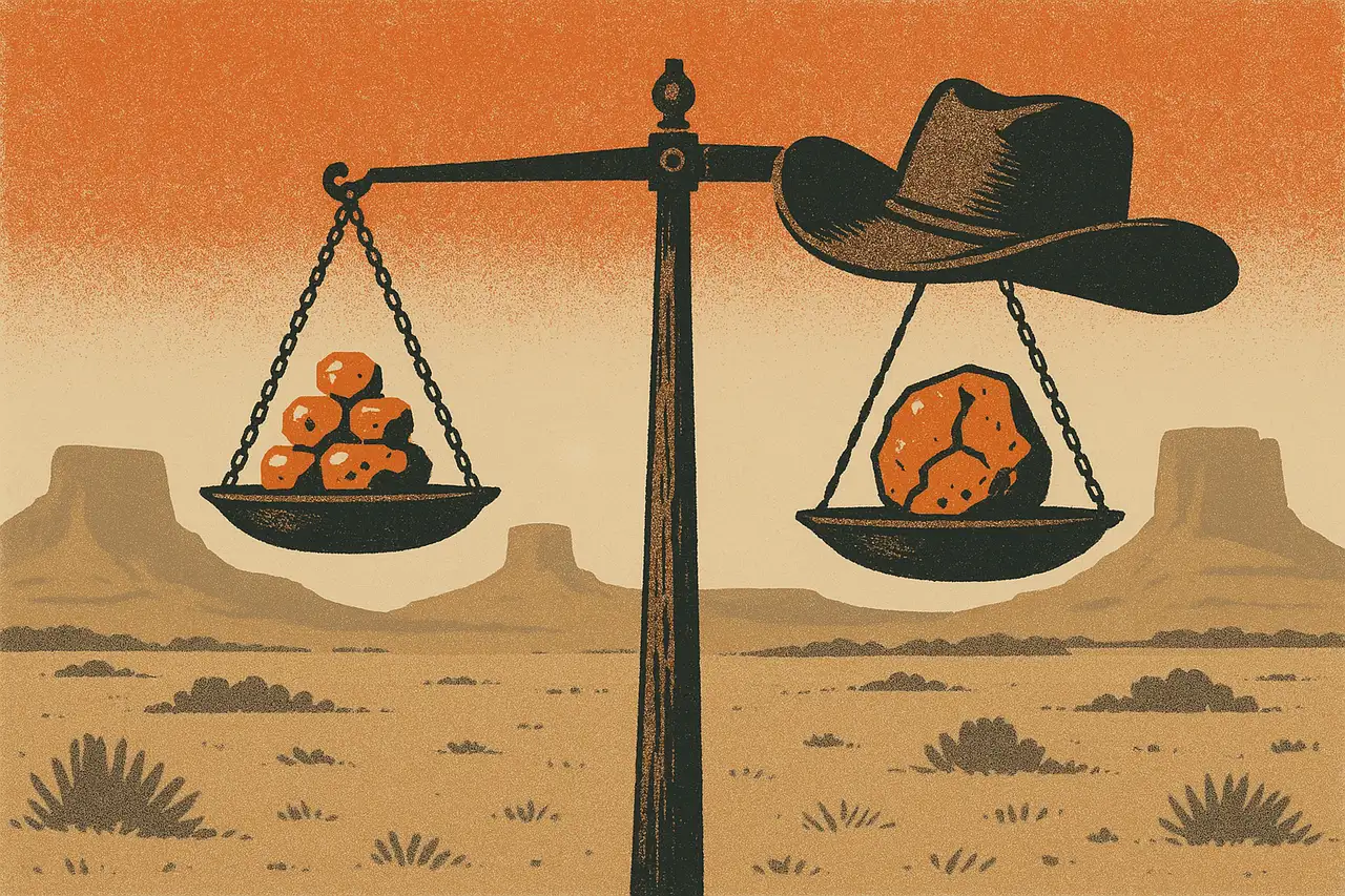 Screen-print illustration of an old western balance scale on the range weighing real gold nuggets against a single hollow, cracked fake nugget, a cowboy hat resting on one pan, mesas in the distance