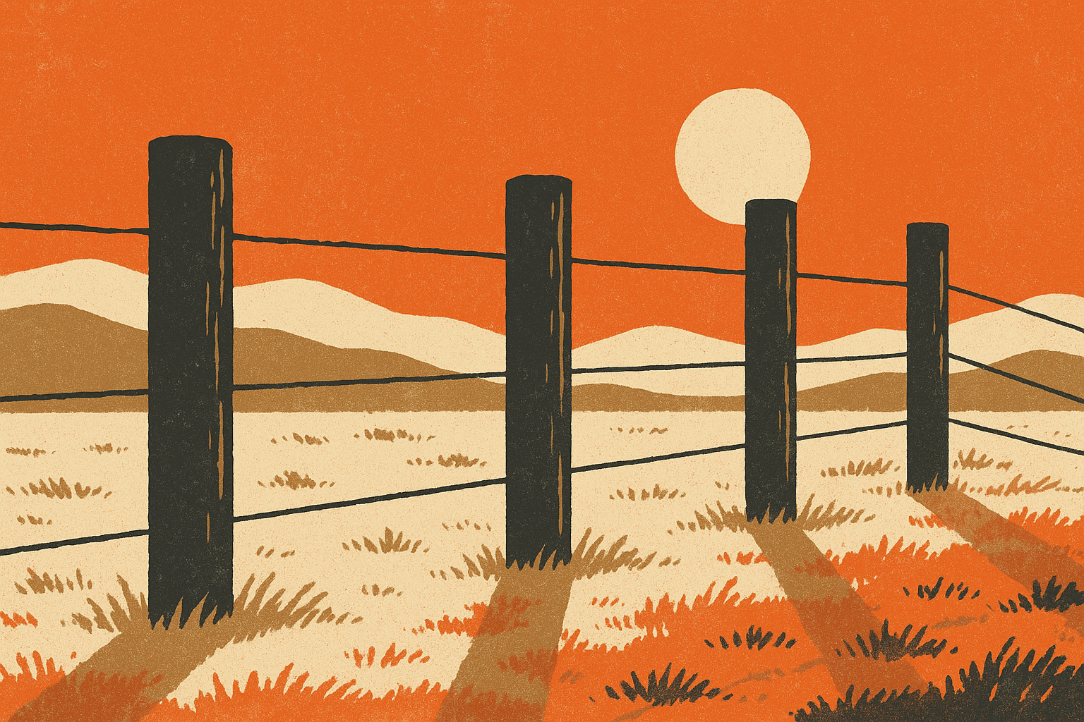 Screen-print illustration of four weathered fence posts strung with taut wire running across a sunlit prairie, forming guardrails that channel the path forward, in deep charcoal, warm bone, ember orange and dust tan.