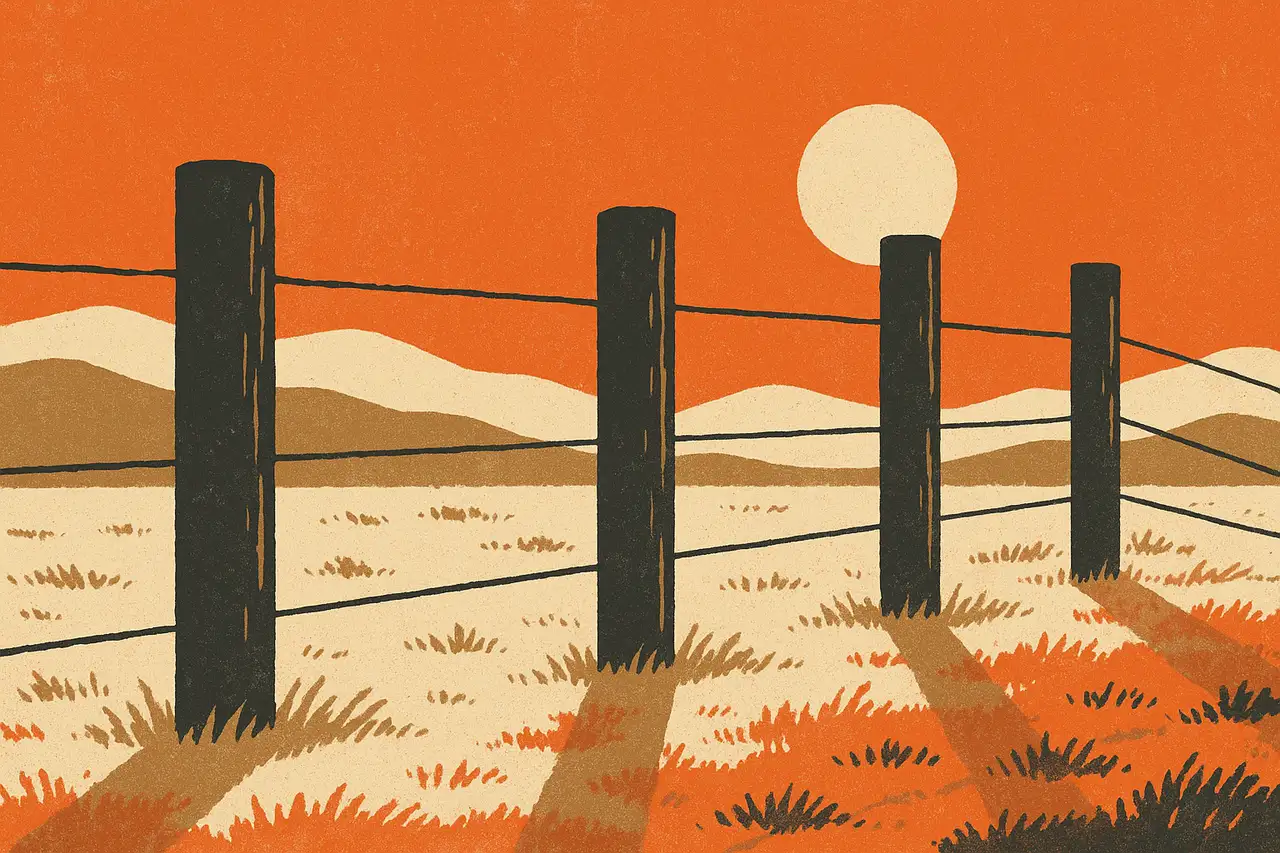 Screen-print illustration of four weathered fence posts strung with taut wire running across a sunlit prairie, forming guardrails that channel the path forward, in deep charcoal, warm bone, ember orange and dust tan.