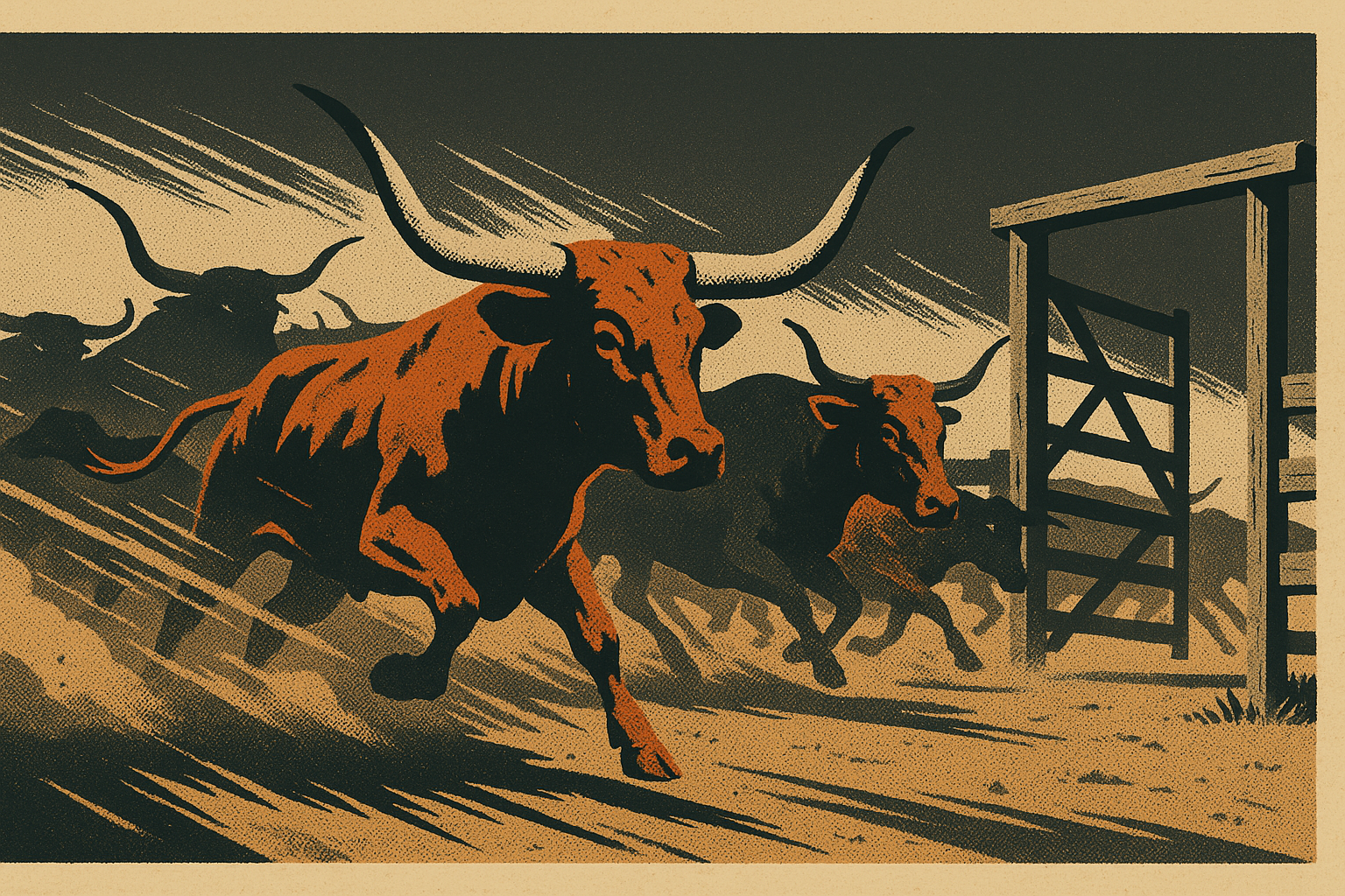 Screen-print poster illustration of a longhorn herd stampeding fast through an open corral gate at dusk, kicking up dust in dynamic diagonal motion, in charcoal, bone, ember orange and dust tan.
