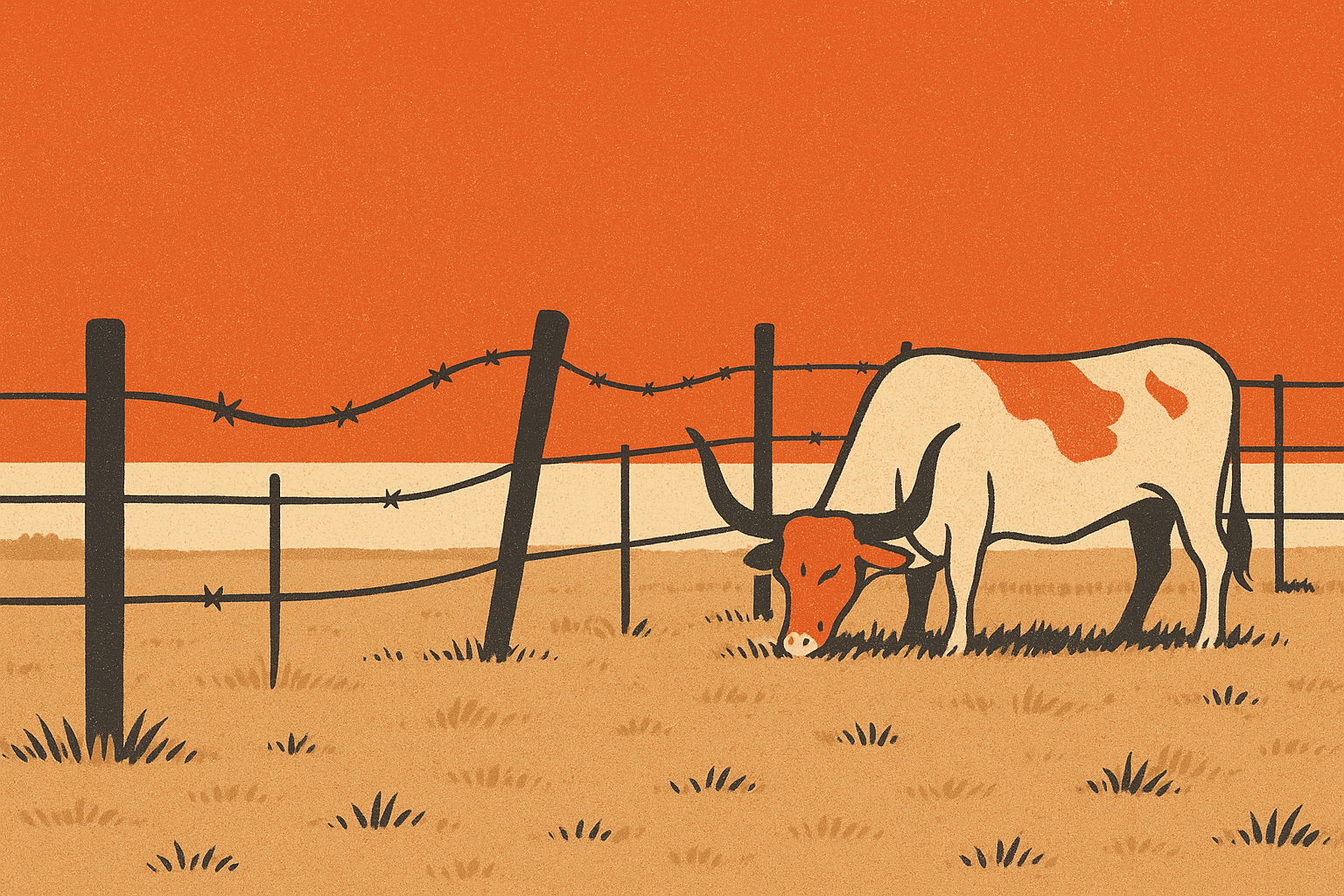 Screen-print poster illustration contrasting a dead-level unbroken barbed-wire fence line with a sagging crooked fence across a flat prairie, a calm longhorn grazing safely behind the steady fence, in charcoal, bone, ember orange and dust tan.