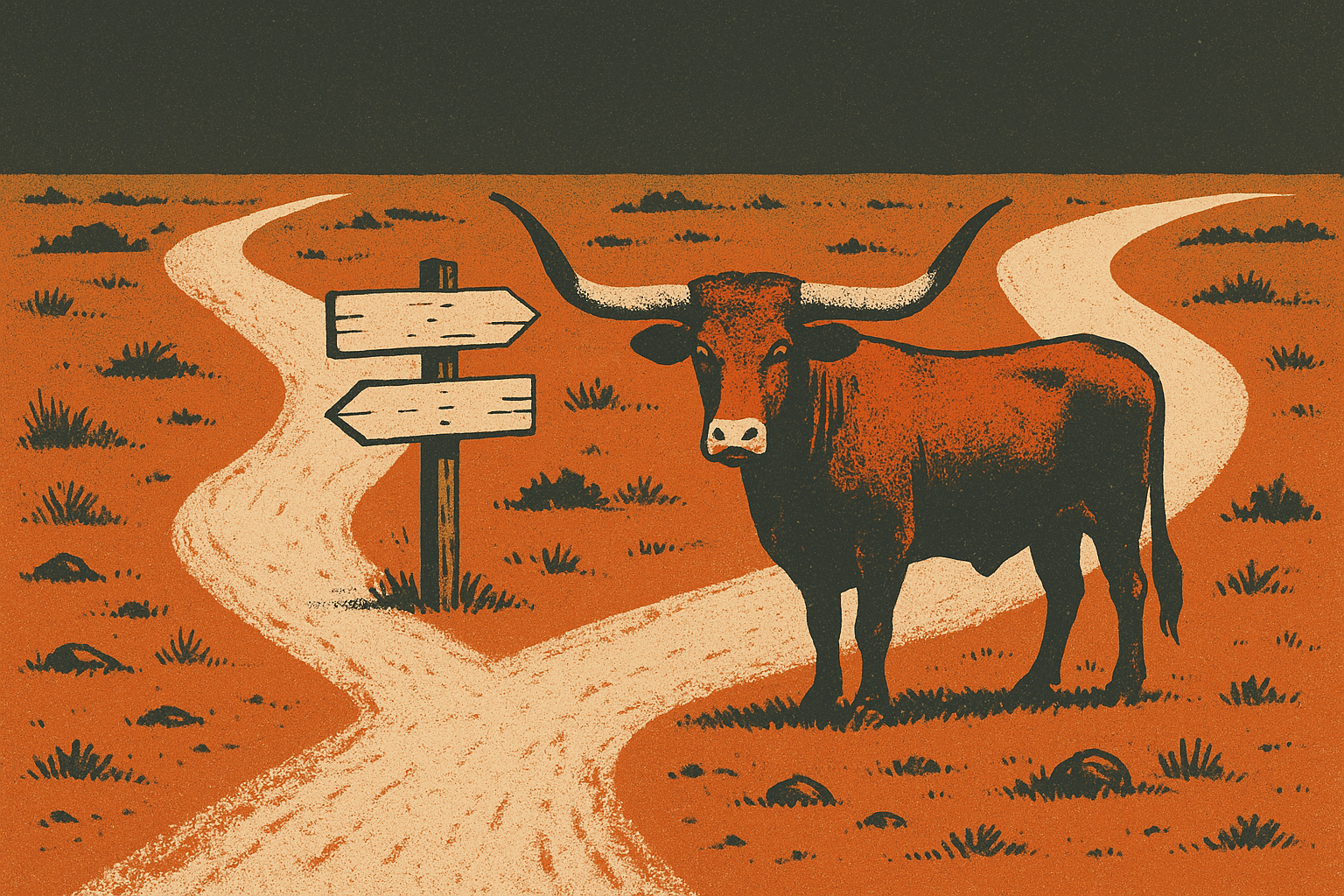 Screen-print poster illustration of a lone longhorn steer at a dusty crossroads where a dirt trail forks into two diverging paths across an open Texas plain, a blank wooden signpost between them, in charcoal, bone, ember orange and dust tan.