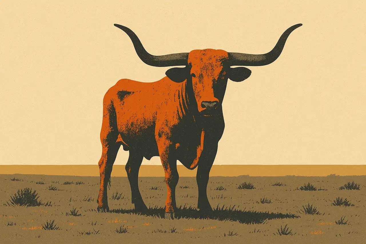 A bold longhorn steer planted squarely on open Texas plains under a warm bone sky, rendered as a four-color screen-print poster, standing its ground like a real and legitimate option.