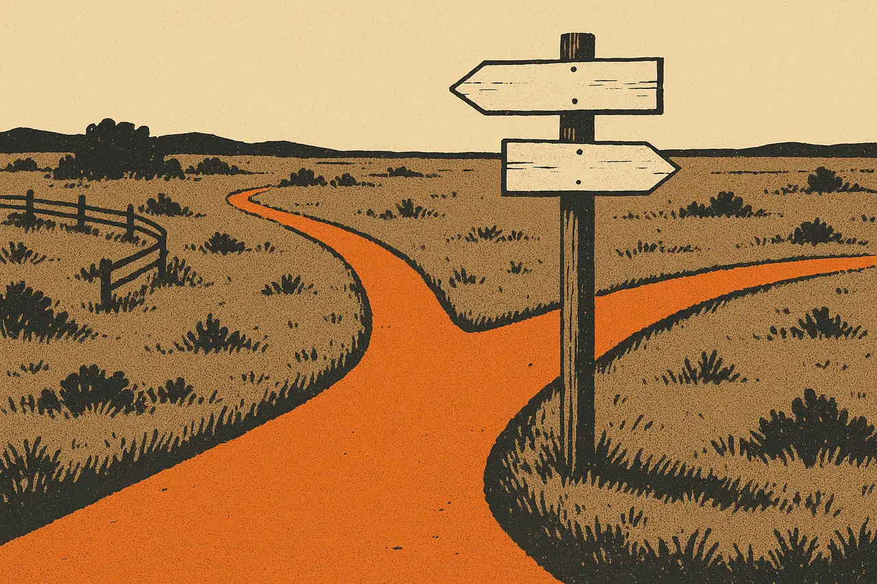 A dusty western trail forking into two paths across the prairie, one winding back toward fenced pasture and one running ahead toward open range, with a blank wooden signpost at the fork, in a Texas-Americana screen-print style depicting a choice between two routes.