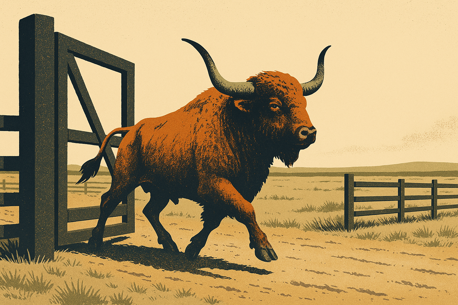 Screen-print illustration of a longhorn bison stepping through a swung-open ranch gate from a dusty corral into wide-open pasture stretching to the horizon, in charcoal, bone, ember orange and dust tan inks.