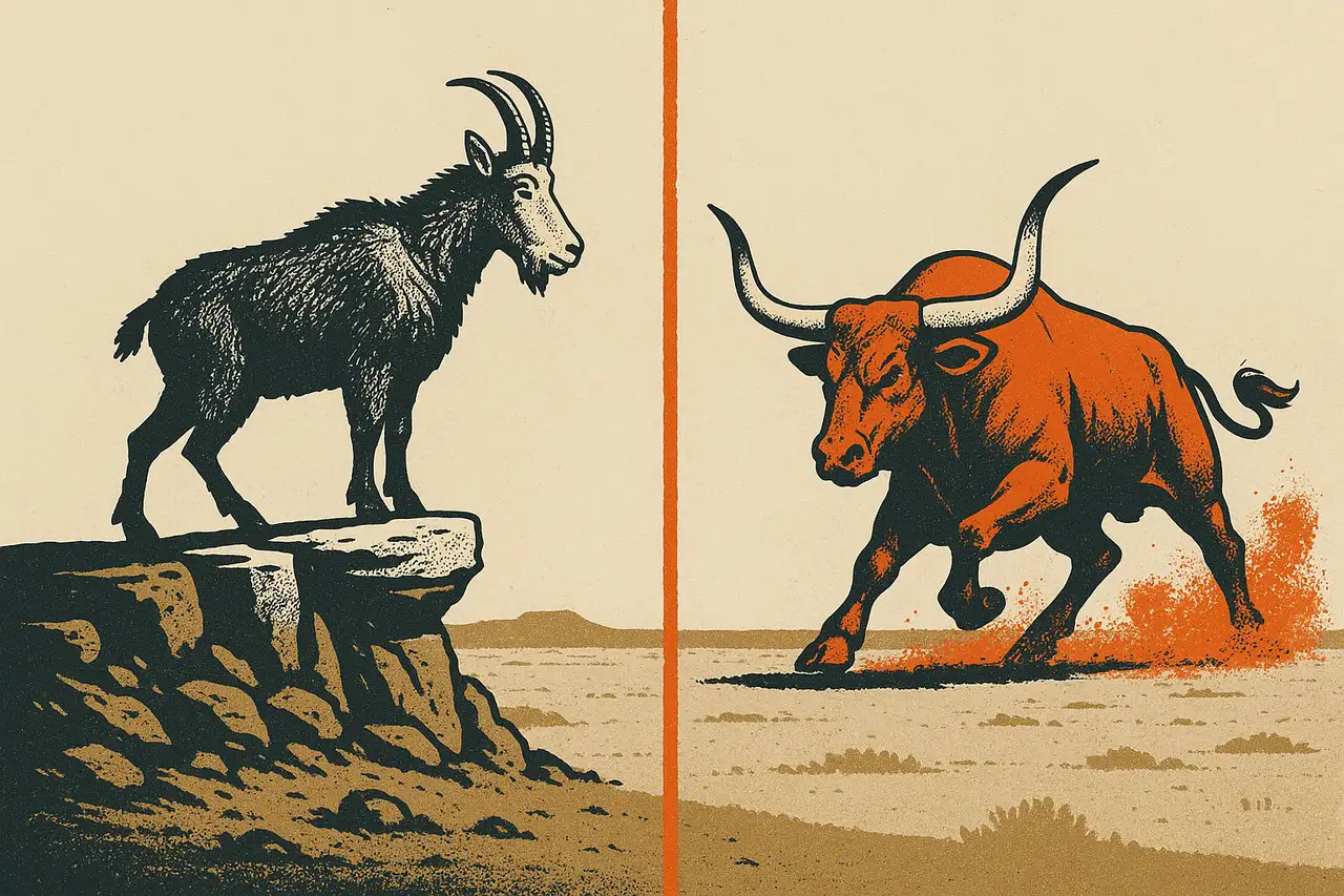 A flat screen-print illustration of a mountain goat on a rocky ledge facing a charging longhorn bull across a divided desert plain, rendered in charcoal, bone, ember orange and dust tan with halftone grain, evoking a head-to-head prop firm comparison.