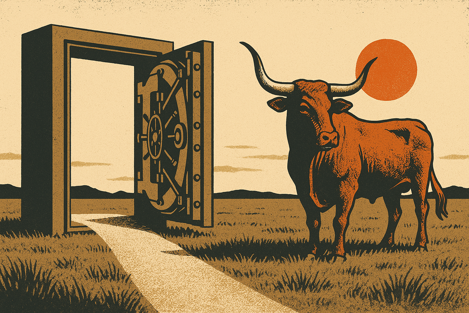 Screen-print illustration of a longhorn bull on an open prairie beside a bank vault standing wide open, a clear path leading straight through it, under an ember-orange sun