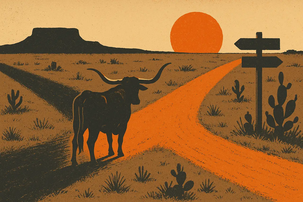 Screen-print poster of a lone longhorn steer at a forked dirt crossroads on the Texas plain at dusk, one trail lit by the ember-orange setting sun and the other in charcoal shadow, with a blank wooden signpost and mesa silhouette, evoking a choice between two prop firms.