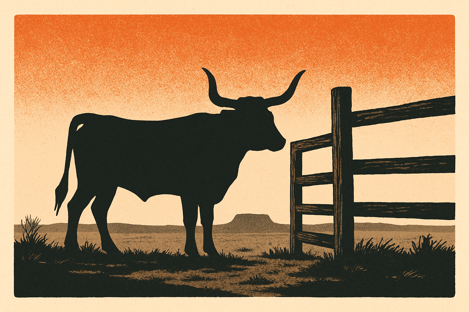 Screen-print poster illustration of a lone young cowboy trader at dawn sitting on a wooden fence rail, studying a handheld device beside a small campfire and an open trail guide, a distant mesa on the prairie horizon, in charcoal, bone, ember orange and dust tan.