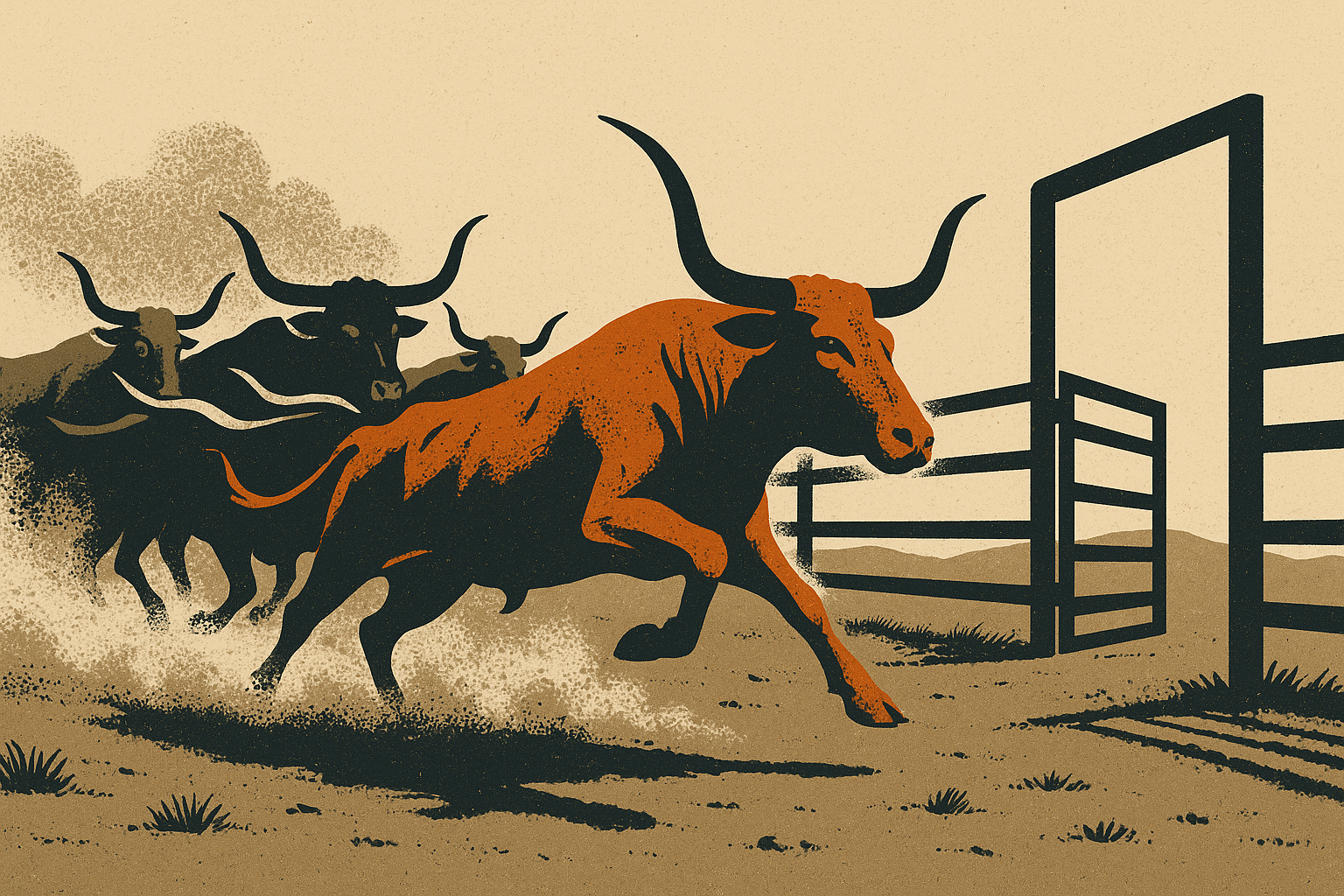 Screen-print poster illustration of a herd of longhorn cattle breaking out of a small dry fenced paddock and charging across open range toward a wide open gate, dust rising in halftone clouds, in charcoal, bone, ember orange and dust tan.