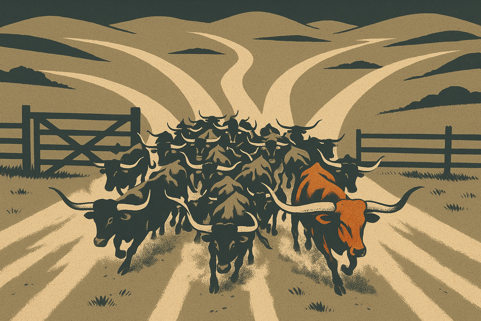 Screen-print poster illustration of a charging herd of longhorn cattle fanning out from a single gate onto five diverging trails across rolling range, evoking many markets and paths opening from one starting point.