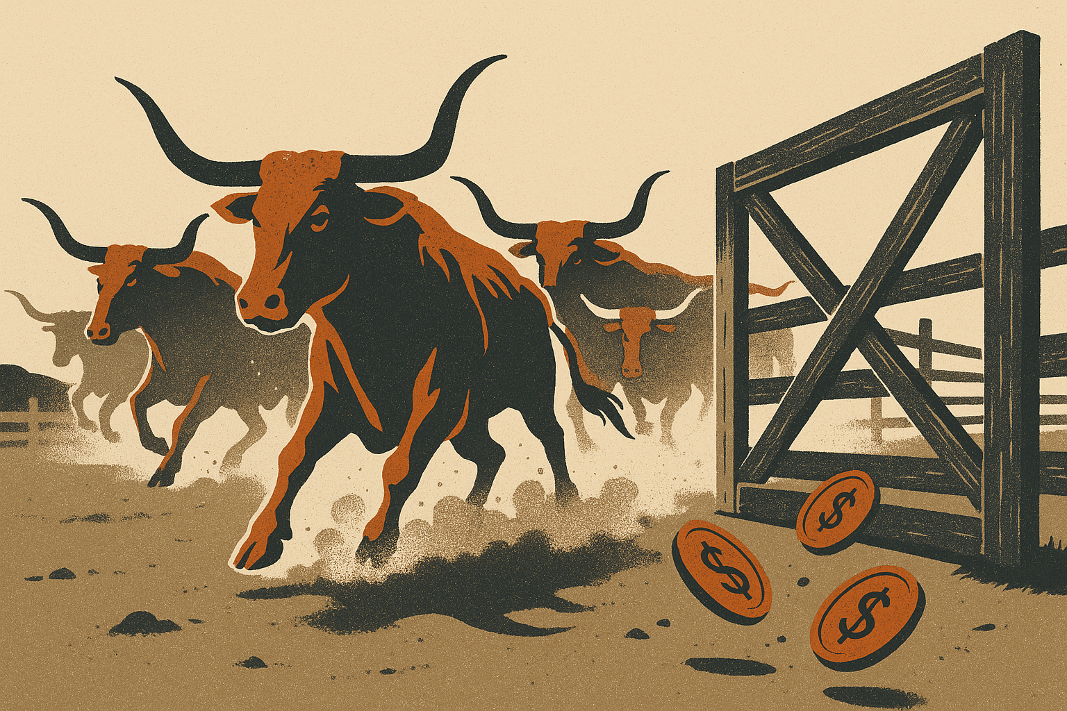 Screen-print poster illustration of a cowboy on horseback swinging open a corral gate at dawn as cattle stream out fast into open pasture beneath a flat ember-orange sun, evoking same-day payout speed.
