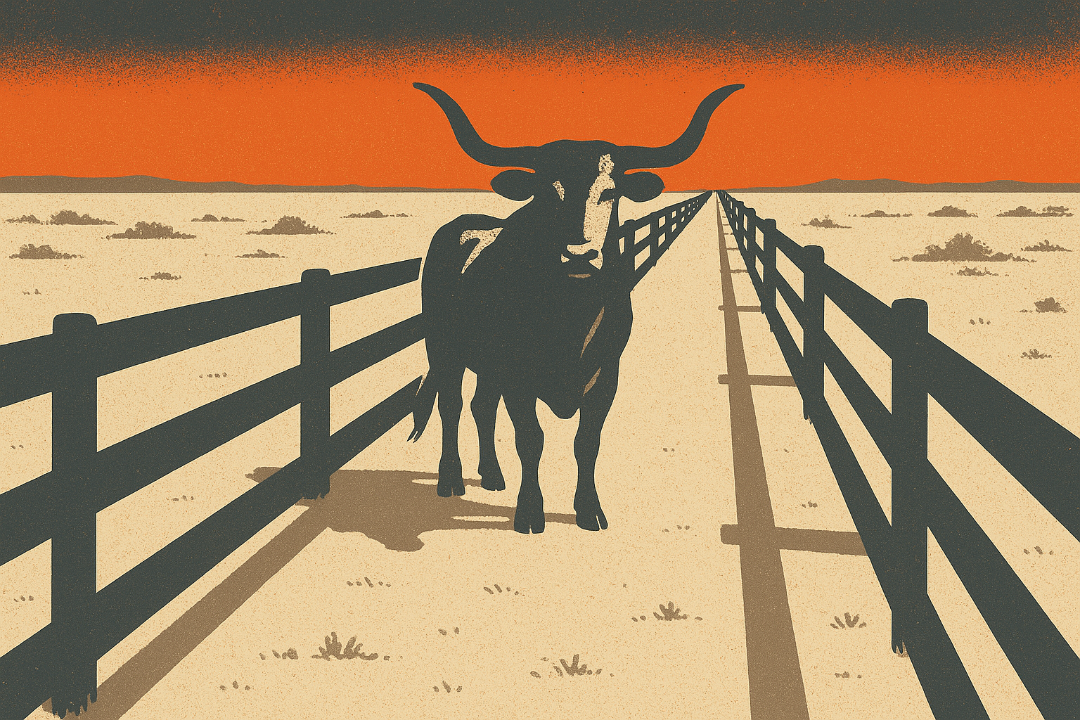 Screen-print poster illustration of a lone longhorn steer standing in a single narrow fenced cattle chute that runs straight to the horizon across the dry Texas plains, evoking a one-market, futures-only lane.