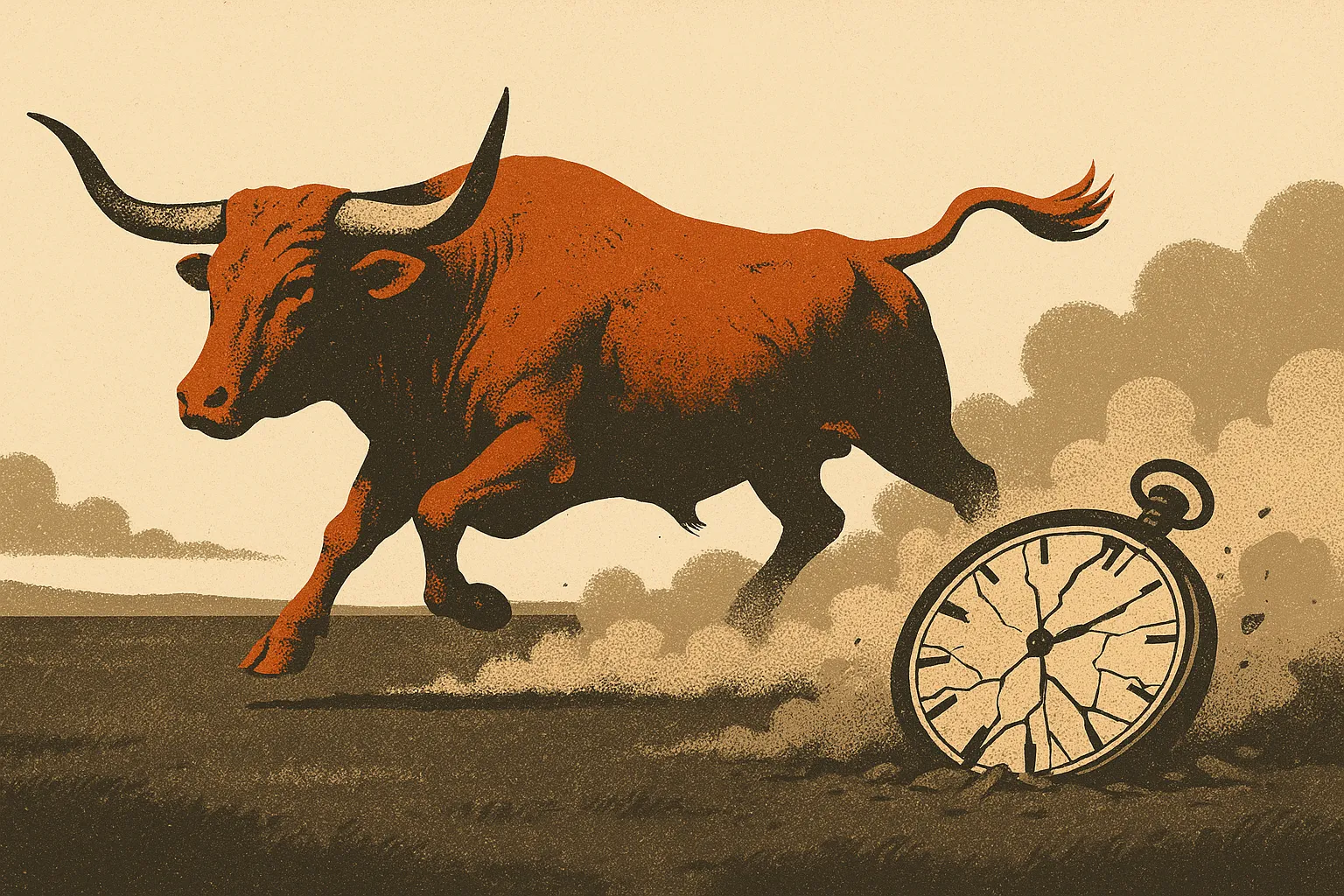 A burnt-orange Texas longhorn charging at full gallop across an open prairie, leaving a smashed pocket watch with frozen, shattered hands in the dust behind it, in a four-color screen-print western style.