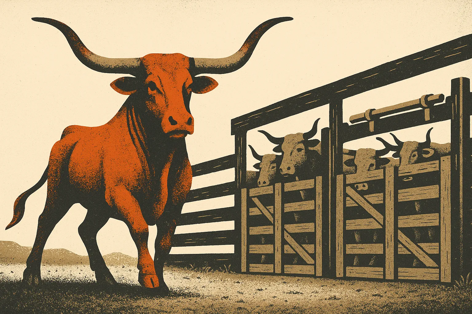 A single ember-orange longhorn standing free in front of an open ranch corral while a row of dust-tan cattle remain penned behind locked wooden gates, a screen-print illustration contrasting one breaking free of the waiting pack.