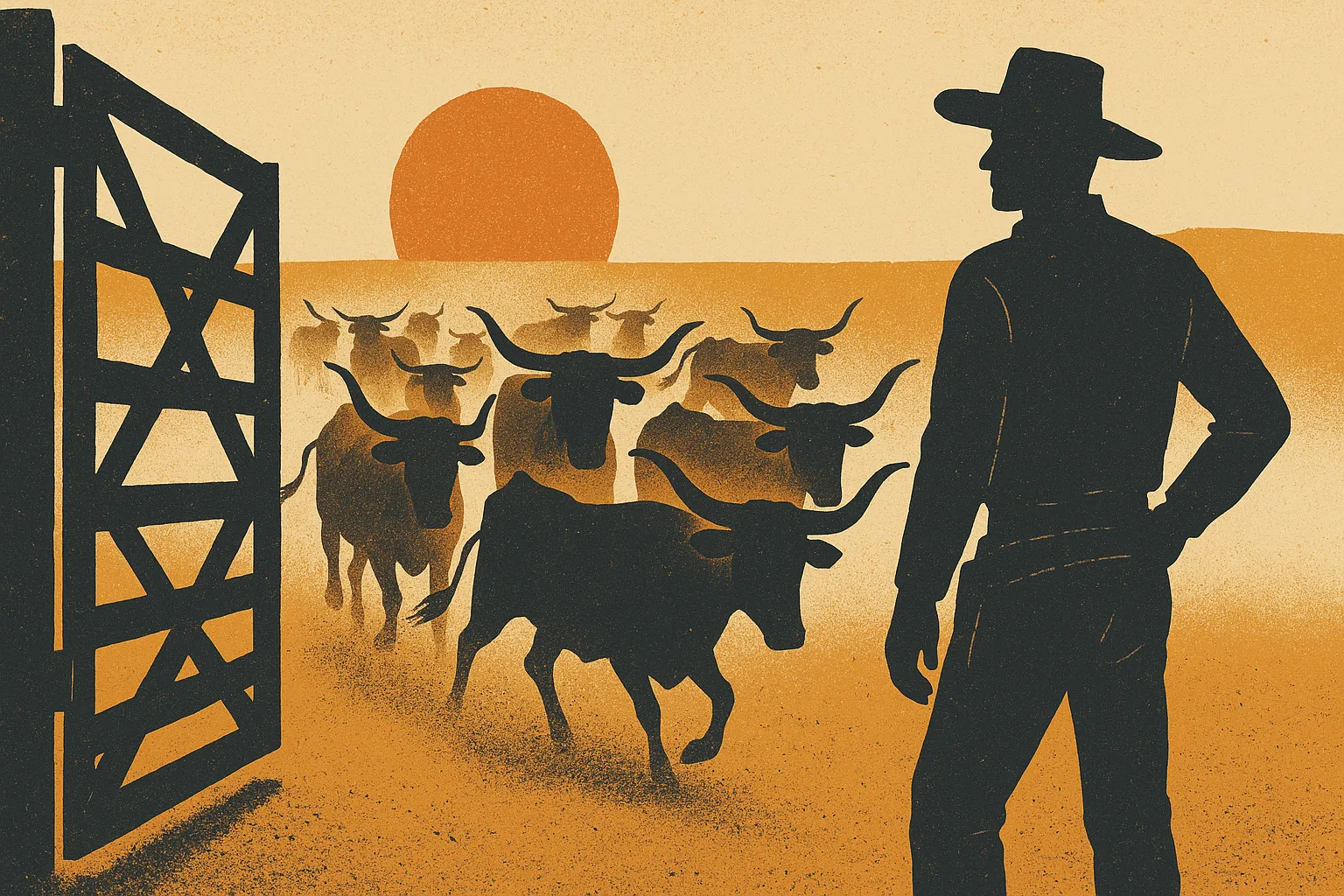 A lone cowboy at an open corral gate as a herd of longhorns surges through into open range under a wide ember-orange sky, evoking permission granted to trade on a funded account