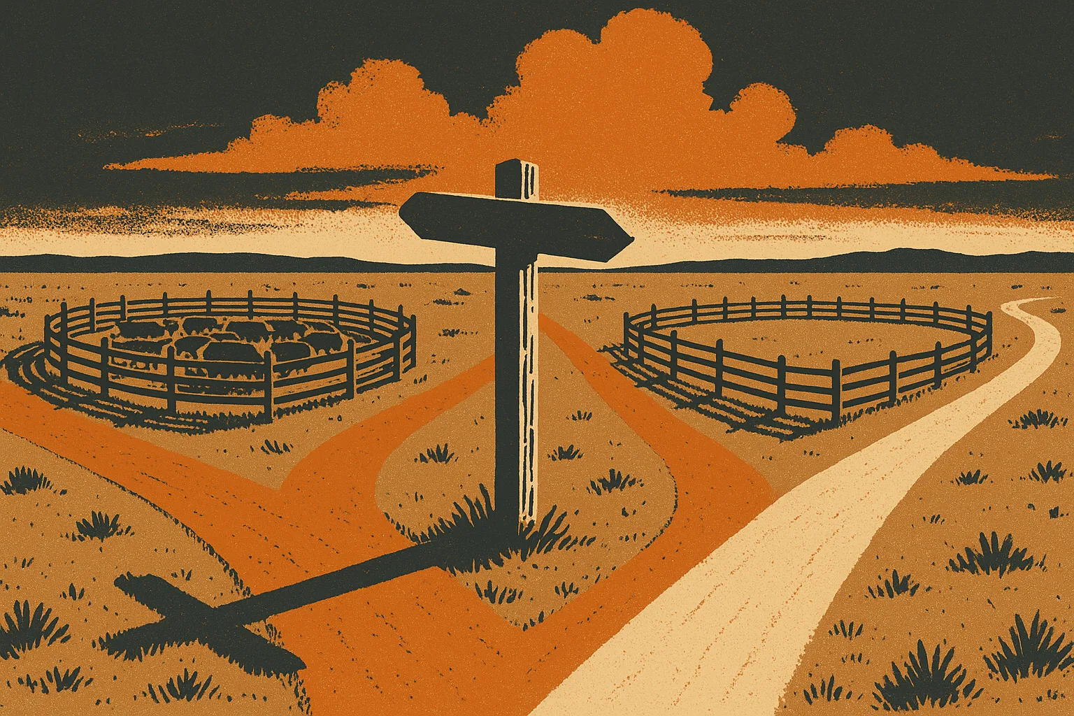 Two western trails diverging from a single weathered signpost on the Texas plain, one leading to tight cattle pens and the other to open pasture, illustrating how futures and equity options share one name but are different worlds