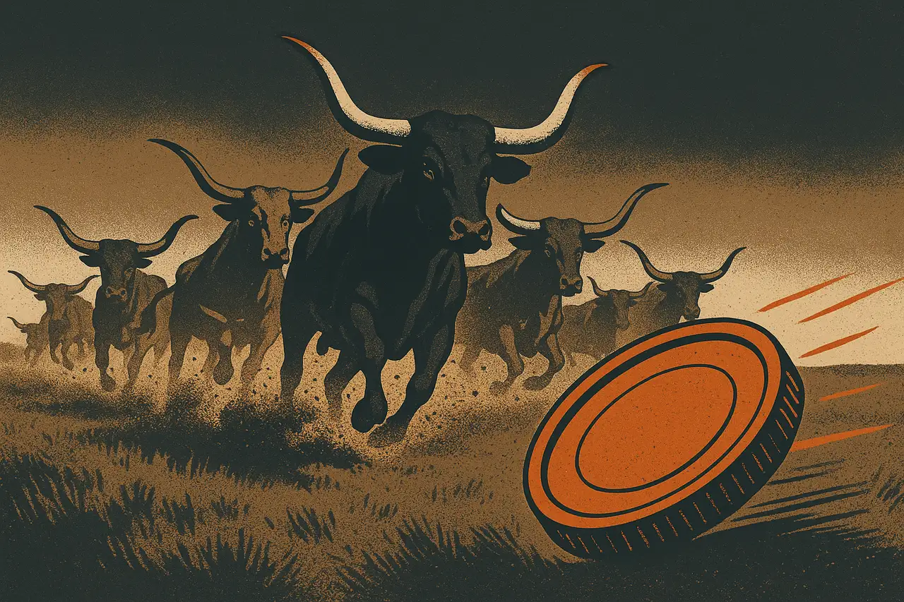 Screen-print poster of a charging herd of longhorn cattle thundering across an open prairie in a halftone dust cloud, with a large ember-orange payout coin catching the light in the foreground, evoking speed and being paid fast like a broker.