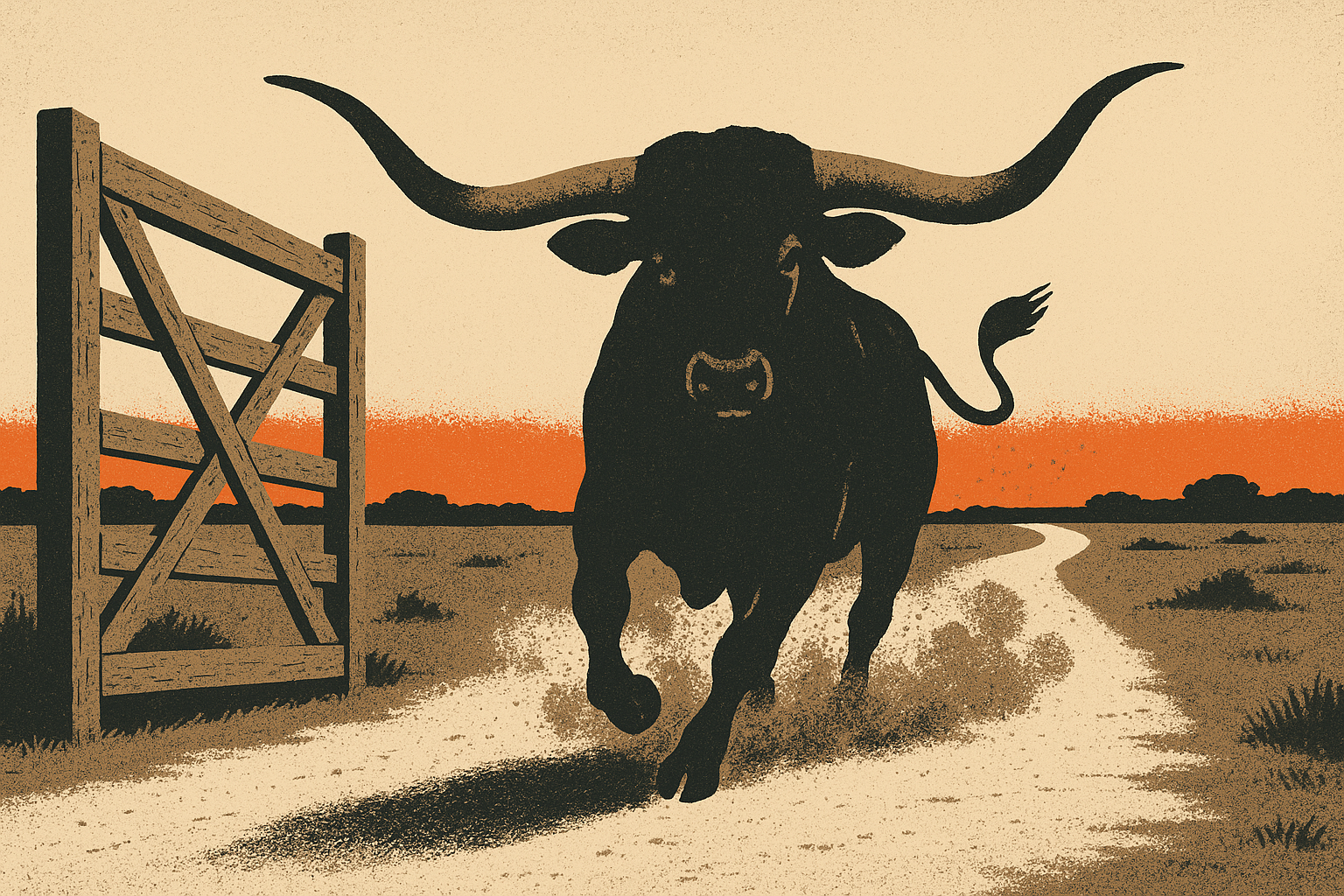 Screen-print poster illustration of a charcoal longhorn steer charging through an open ranch gate toward the viewer, a clear trail winding behind it under a burnt-orange horizon, conveying fast unobstructed payouts.