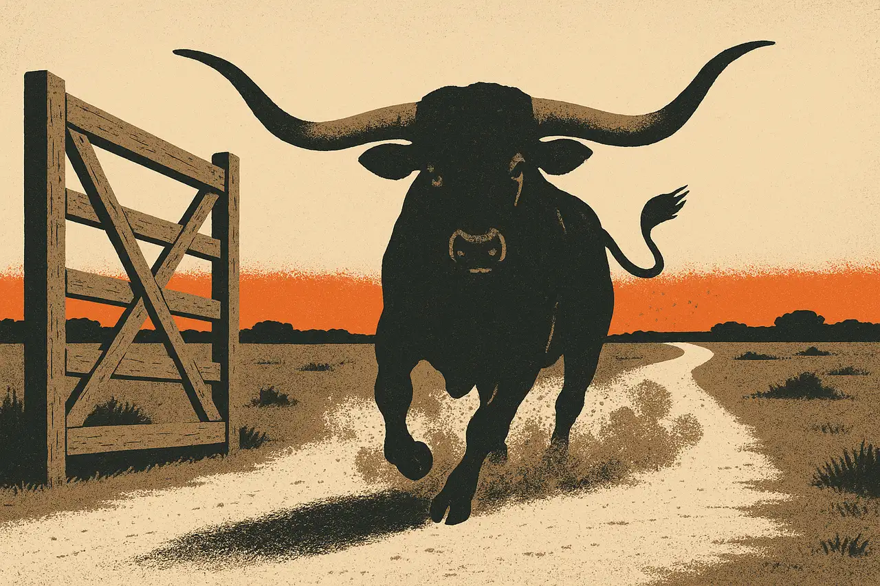 Screen-print poster illustration of a charcoal longhorn steer charging through an open ranch gate toward the viewer, a clear trail winding behind it under a burnt-orange horizon, conveying fast unobstructed payouts.