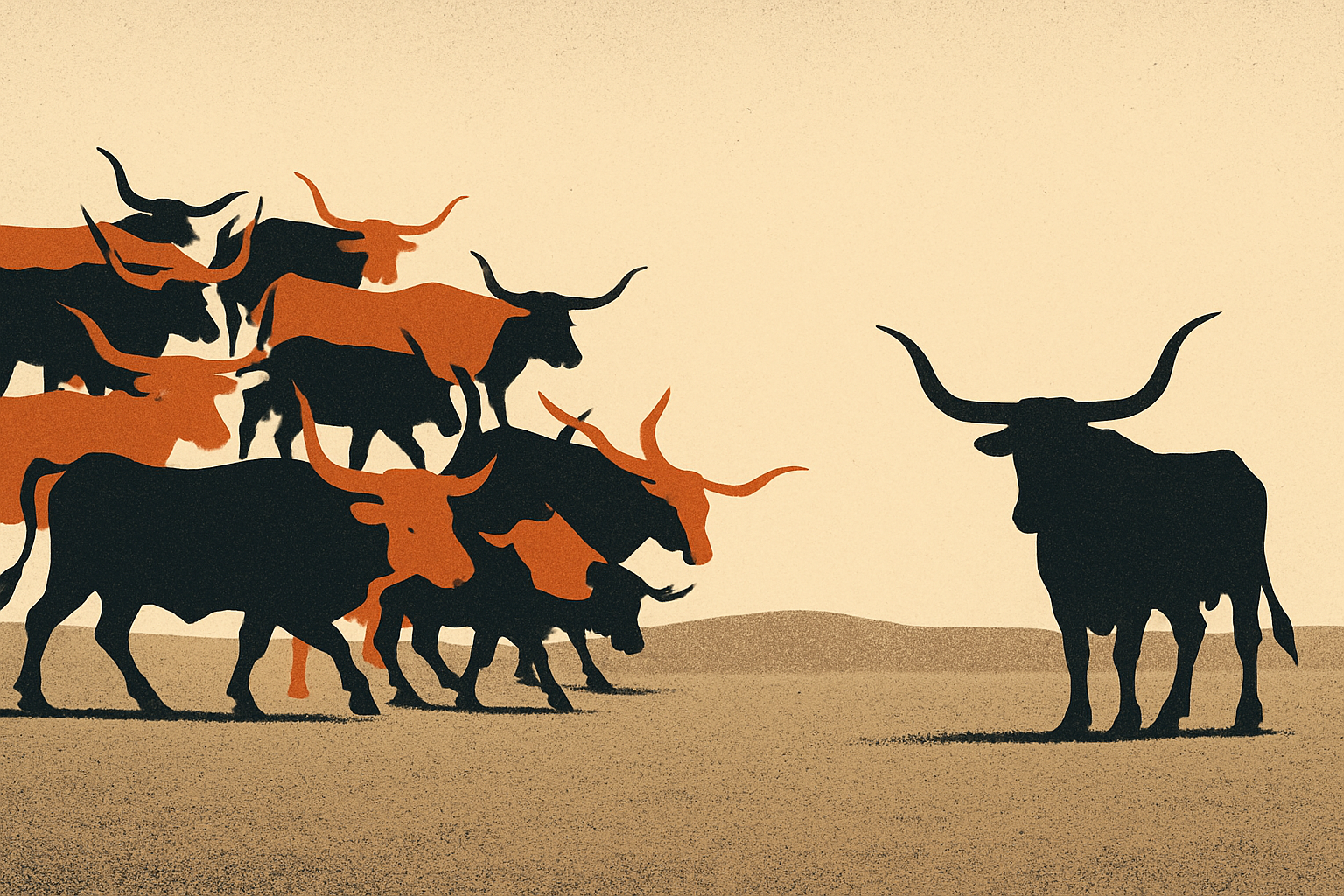 Screen-print poster contrasting a herd of longhorns fanning out across open range along many diverging trails against a single steer funneled down one narrow fenced cattle chute