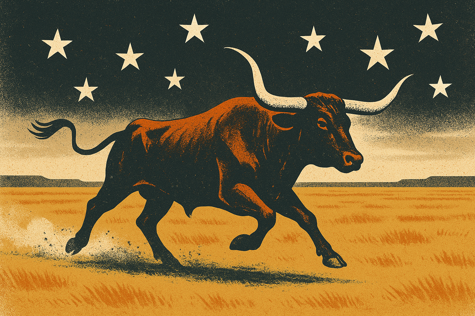 Screen-print poster of a longhorn steer galloping across a vast American plain under a big sky scattered with flat star shapes, evoking coast-to-coast open range