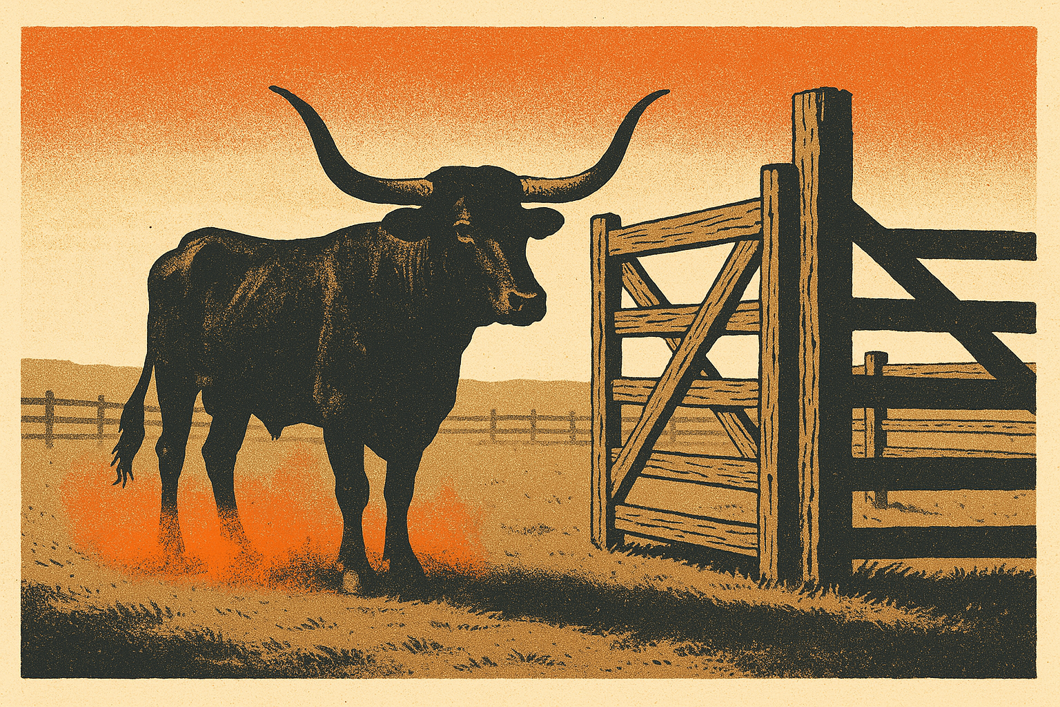 Screen-print poster of a lone Texas longhorn steer standing at a weathered wooden corral gate at dawn on open range, in charcoal, bone, ember orange and dust tan
