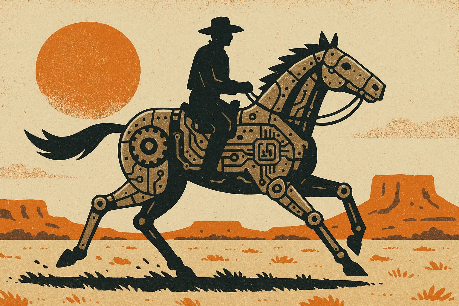 Screen-print western illustration of a calm cowboy riding a galloping mechanical horse built from riveted metal plates, gears, and circuit-board lines across an open Texas plain at sunset, representing an automated Expert Advisor trading bot running an account.