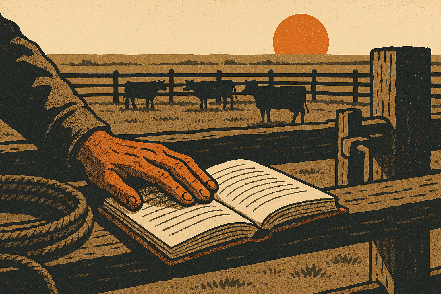 Screen-print illustration of a weathered cowboy hand resting calmly on an open rulebook laid across a fence rail at the edge of a cattle pen, cattle and a low prairie sun behind, in charcoal, bone, ember orange and dust tan inks.