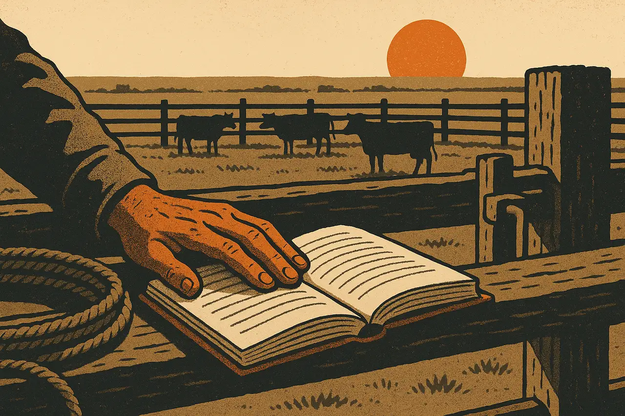Screen-print illustration of a weathered cowboy hand resting calmly on an open rulebook laid across a fence rail at the edge of a cattle pen, cattle and a low prairie sun behind, in charcoal, bone, ember orange and dust tan inks.
