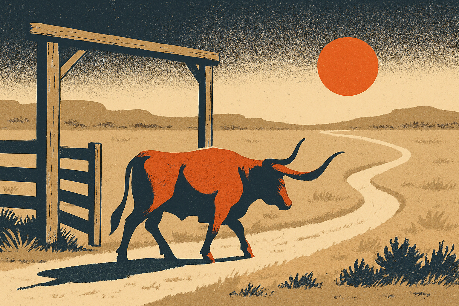 Screen-print poster illustration of a confident rider on horseback passing through an open ranch gate onto a vast sunlit open range, a clear worn trail winding to the horizon under a big western sky, in charcoal, bone, ember orange and dust tan.