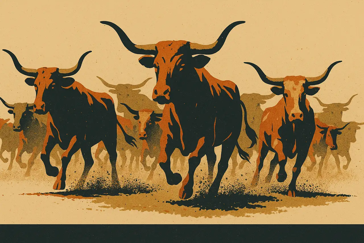 Screen-print illustration of a charging herd of Texas longhorns thundering forward across an open range, kicking up dust, all running above one bold steady horizontal groundline that anchors them, evoking a fixed static-drawdown floor on every plan.