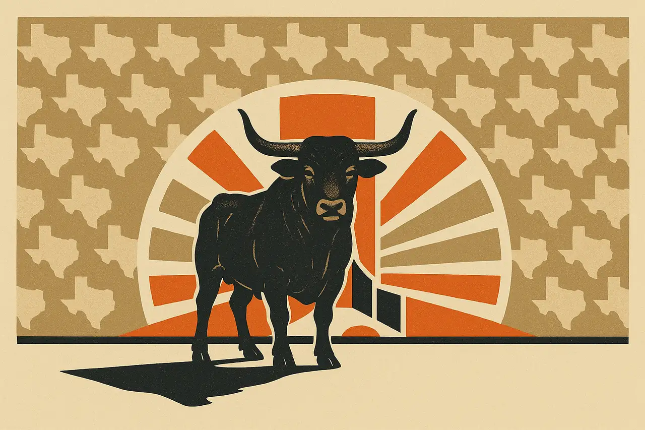 A flat screen-print illustration of a steady longhorn bull standing on a solid flat baseline under a radiating sunburst gate, backed by a fanned grid of state-shape silhouettes, in charcoal, bone, ember orange and dust tan with halftone grain.